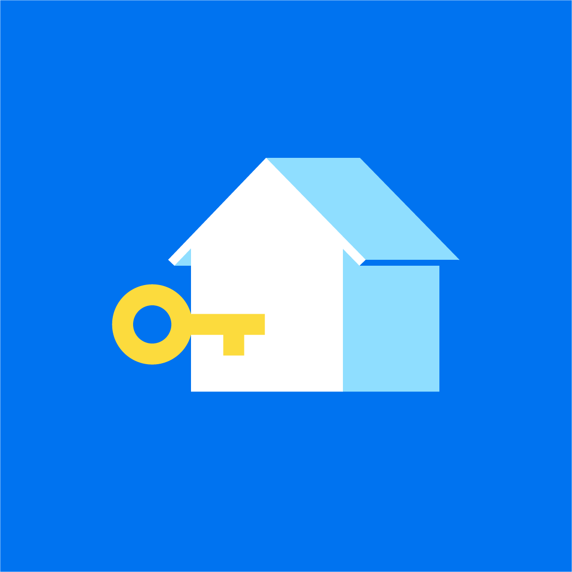 icon illustration of a house with a yellow key on a blue background