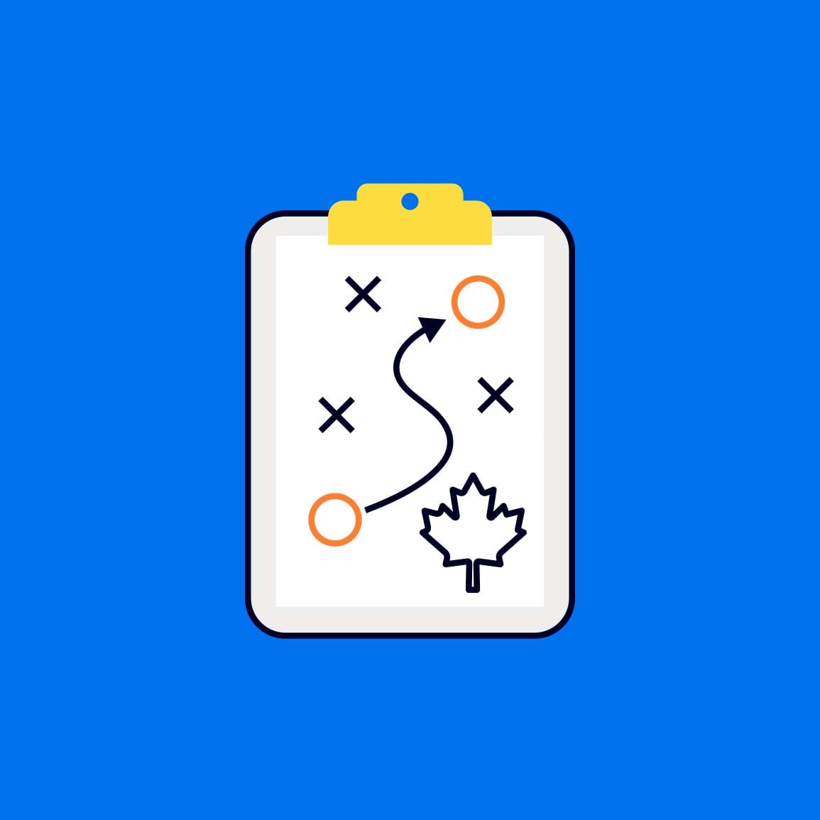 Clipboard with a maple leaf and an arrow navigating through obstacles between point A and point B