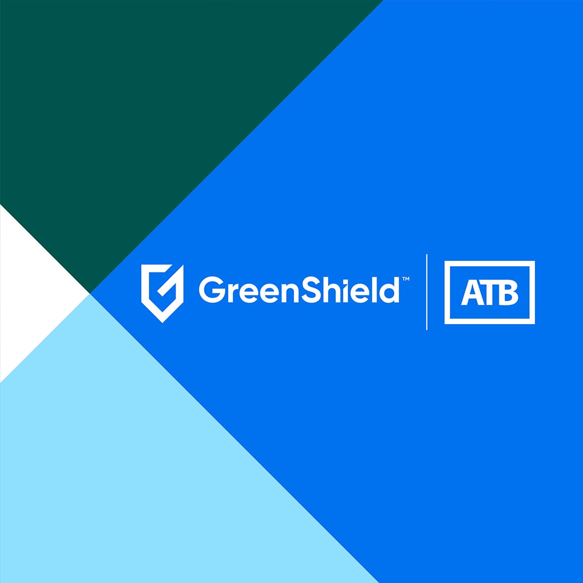 GreenShield and ATB logos displayed in white against a background of their co-branded dark green, light blue, and royal blue geometric shapes.
