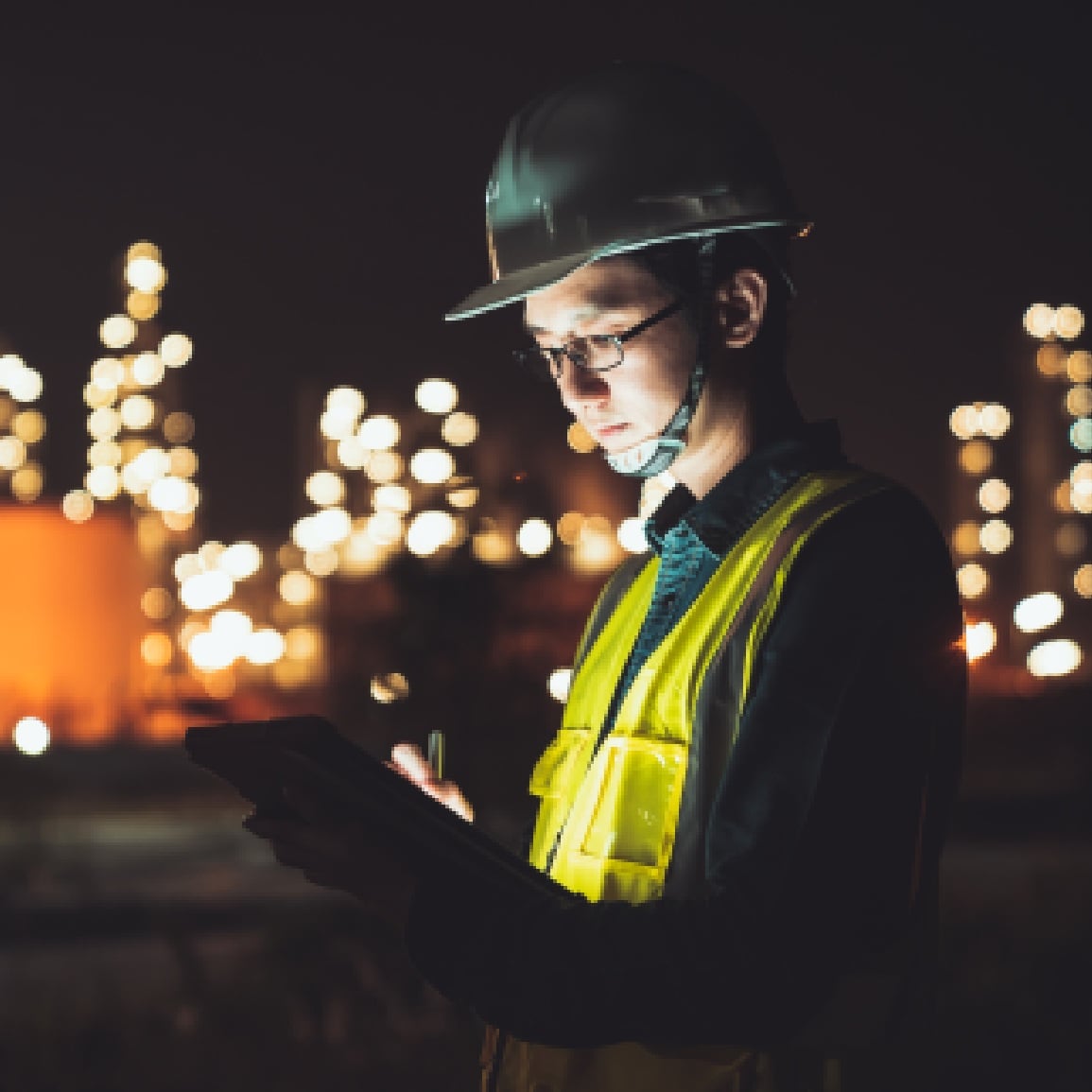 worked wearing construction hat using tablet