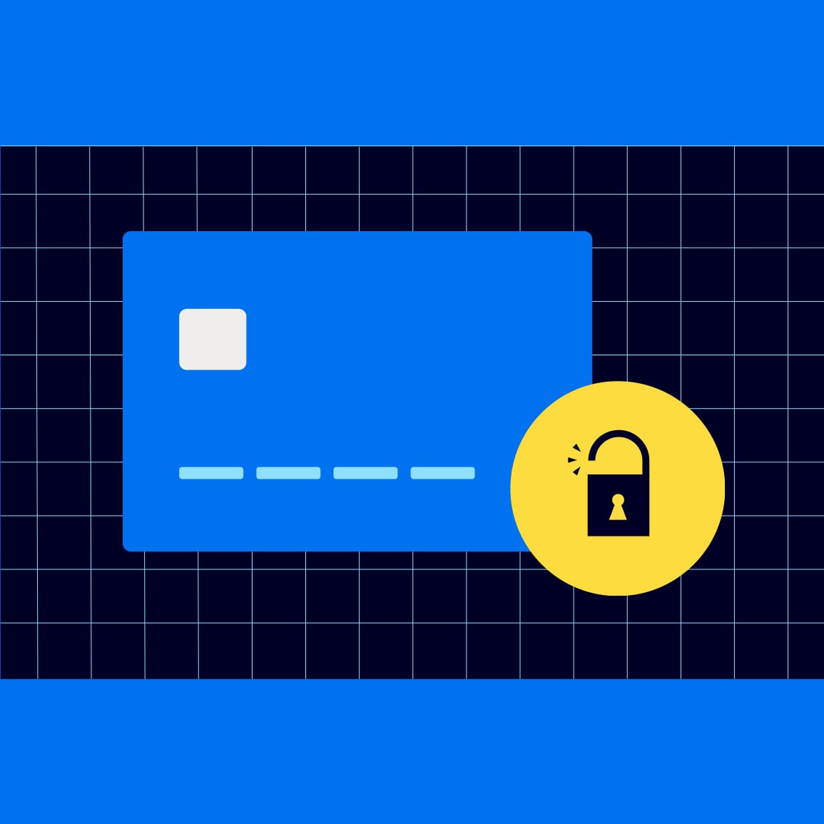 A minimalist illustration featuring a solid blue credit card icon on a dark blue grid background. In the foreground, a yellow circle contains a black icon of an unlocked padlock, symbolizing a security breach or vulnerability.