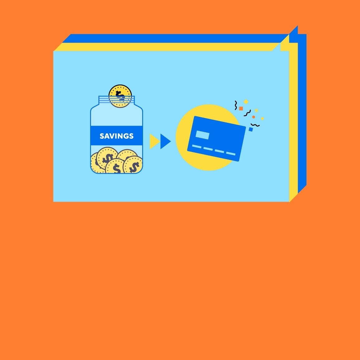 Illustration of a savings jar with money in it being switched to a bank card. 