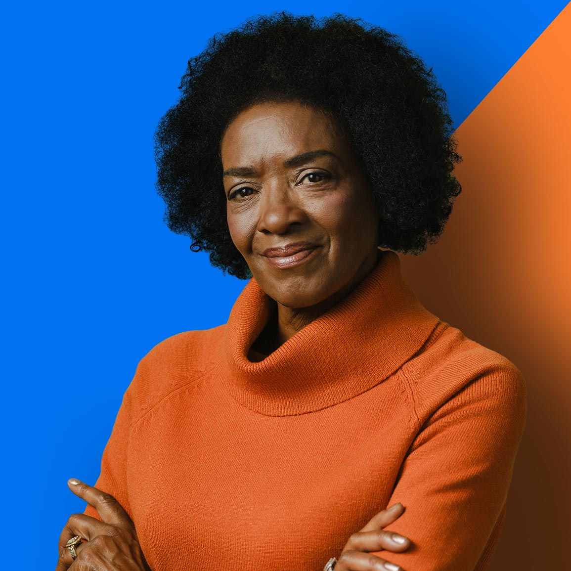 Women with blue and orange background