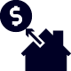 icon illustration of a dollar sign and a house with an arrow pointing to the dollar sign done in black