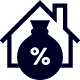 icon illustration of a bag of money with a percent symbol and house done in black